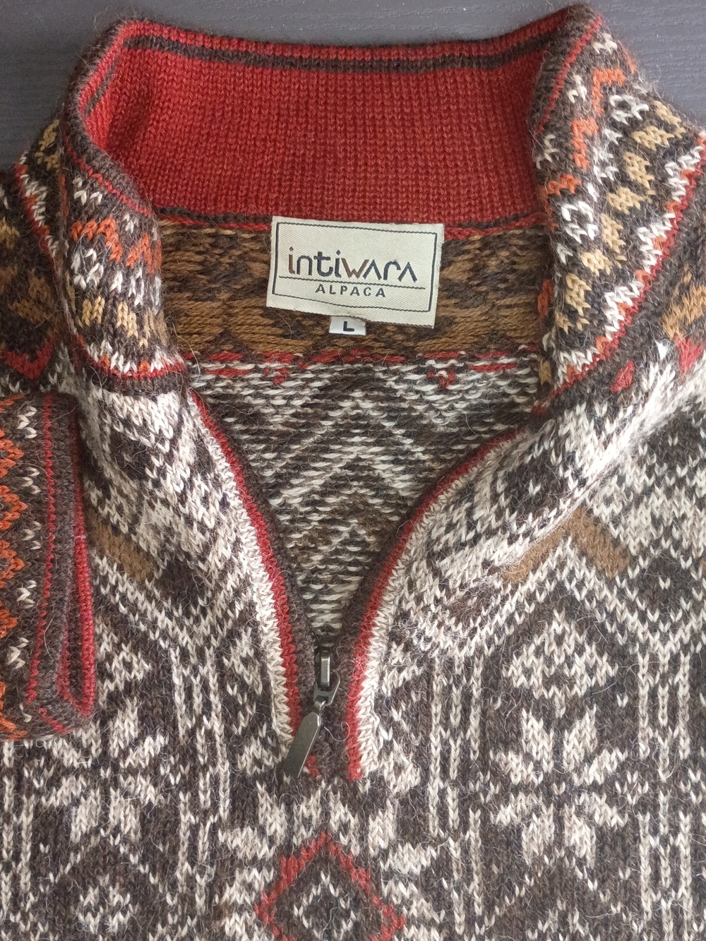 Men’s Lg. Alpaca Zip-Up Sweater in Brown and Red. Hand Made